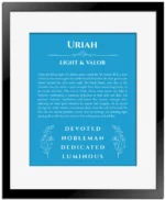 Uriah personalized wall art with the story of your name in blue with black matte frame