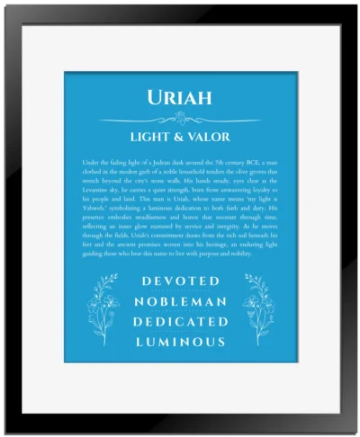 Uriah personalized wall art with the story of your name in blue with black matte frame