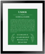 Usher name meaning gift print in dark green with black matte frame