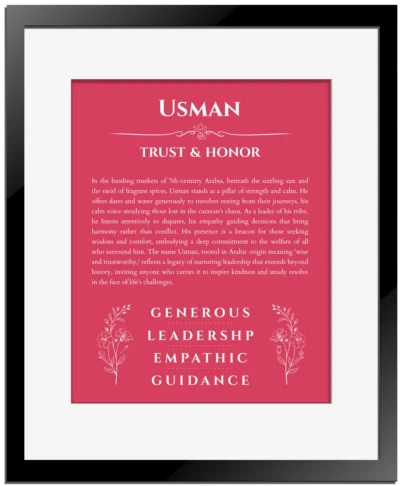 Usman custom name meaning print in red with black matte frame