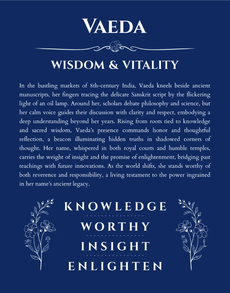 Vaeda name origin print with meaning and traits in deep blue
