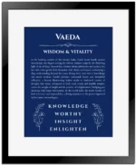 Vaeda name origin print with meaning and traits in deep blue with black matte frame