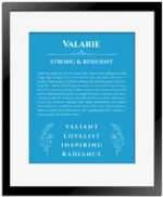 Valarie personalized wall art with the story of your name in blue with black matte frame