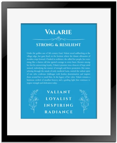 Valarie personalized wall art with the story of your name in blue with black matte frame