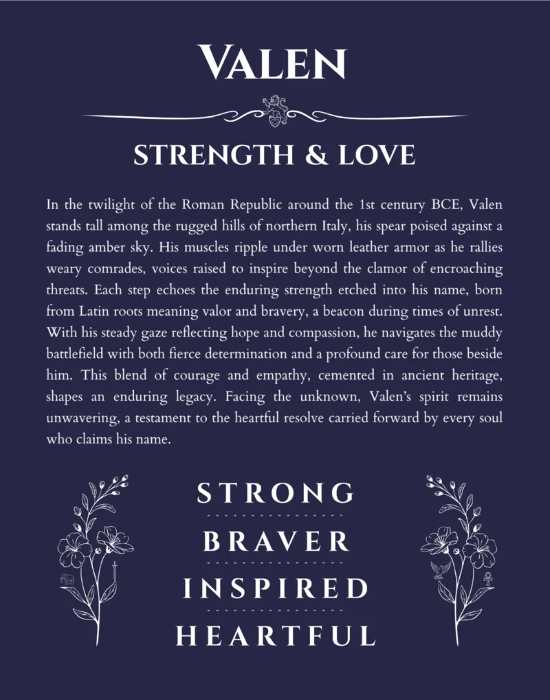 Valen personalized name print with origin and traits in navy blue