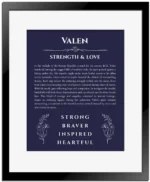 Valen personalized name print with origin and traits in navy blue with black matte frame