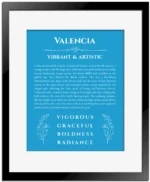 Valencia personalized name art with origin story in blue with black matte frame
