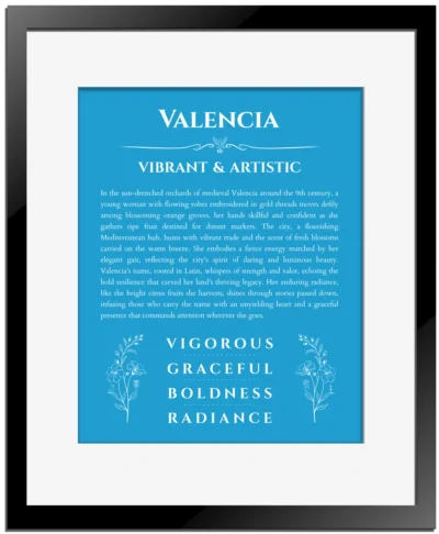 Valencia personalized name art with origin story in blue with black matte frame