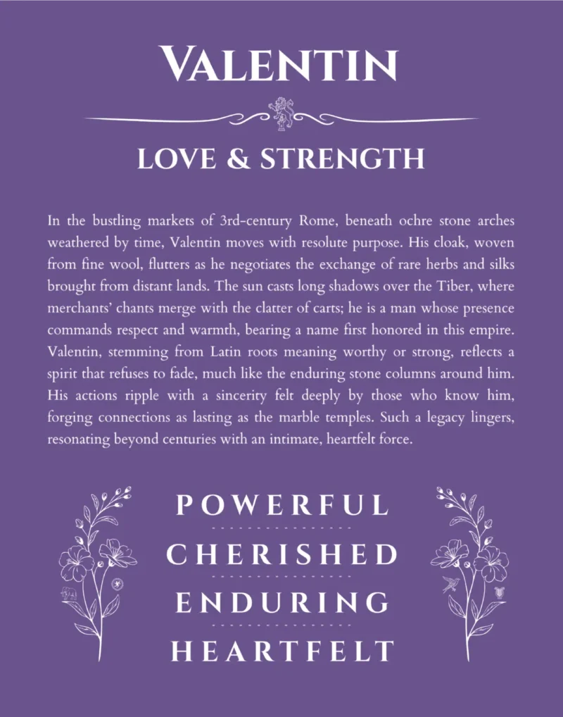 Valentin custom name art showing meaning and origin in purple