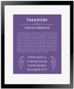 Valentin custom name art showing meaning and origin in purple with black matte frame