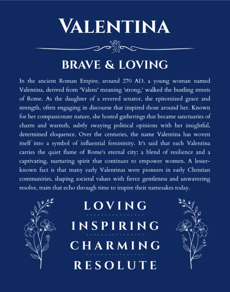 Valentina custom name art showing meaning and origin in deep blue