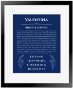 Valentina custom name art showing meaning and origin in deep blue with black matte frame