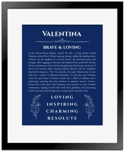 Valentina custom name art showing meaning and origin in deep blue with black matte frame