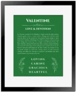 Valentine custom name print for wall display in dark green with black matte frame