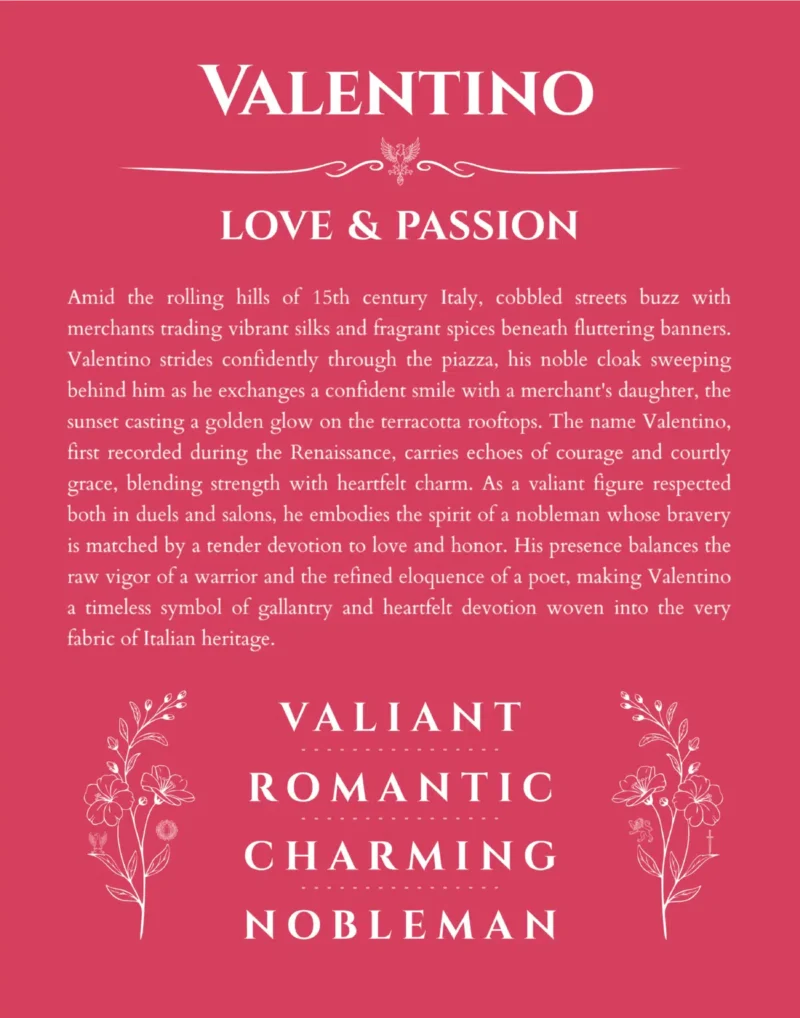Valentino custom name art showing meaning and origin in red