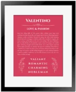 Valentino custom name art showing meaning and origin in red with black matte frame