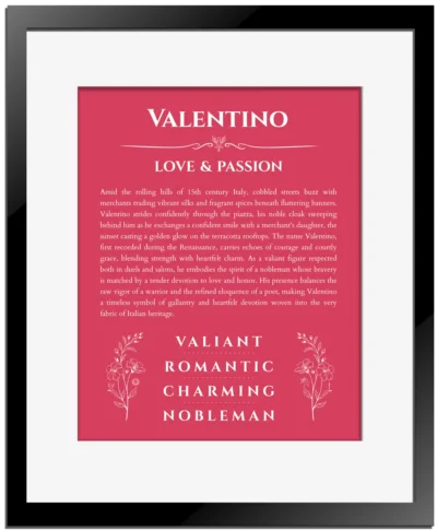 Valentino custom name art showing meaning and origin in red with black matte frame