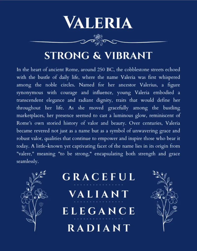 Valeria custom name art showing meaning and origin in deep blue