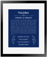 Valeria custom name art showing meaning and origin in deep blue with black matte frame