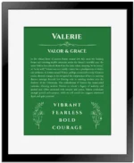 Valerie name meaning wall art by Get Your Story in dark green with black matte frame