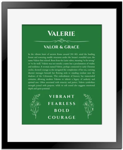 Valerie name meaning wall art by Get Your Story in dark green with black matte frame