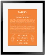 Valery name meaning gift print in orange with black matte frame