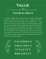 Vallie personalized name meaning print in dark green