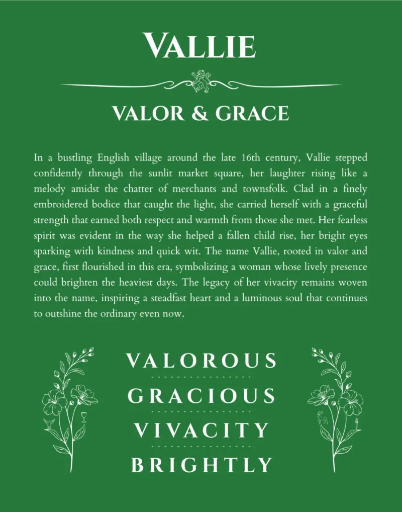 Vallie personalized name meaning print in dark green