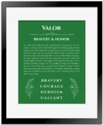 Valor custom name print for wall display in dark green with black matte frame