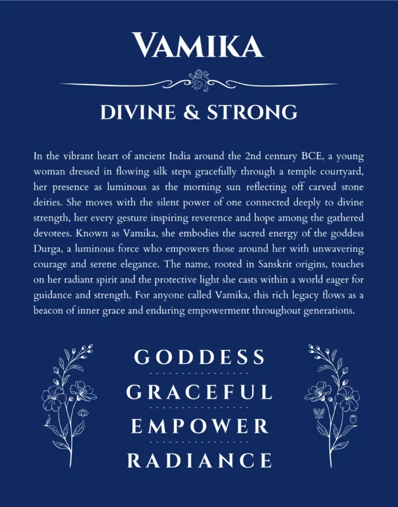 Vamika name origin print with meaning and traits in deep blue