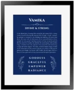 Vamika name origin print with meaning and traits in deep blue with black matte frame