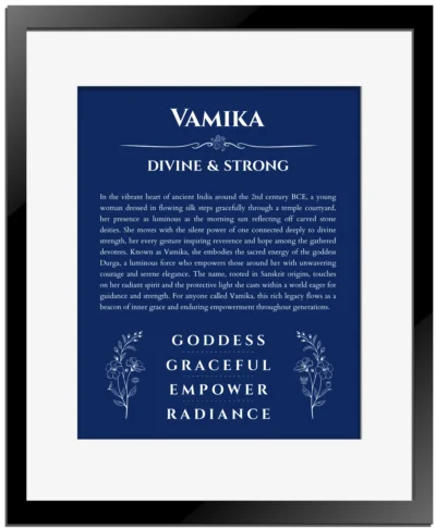 Vamika name origin print with meaning and traits in deep blue with black matte frame