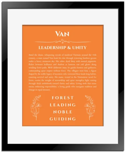 Van name meaning gift print in orange with black matte frame
