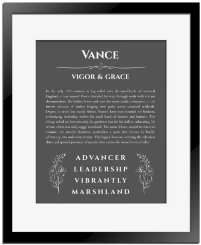 Vance personalized name art with origin story in gray with black matte frame