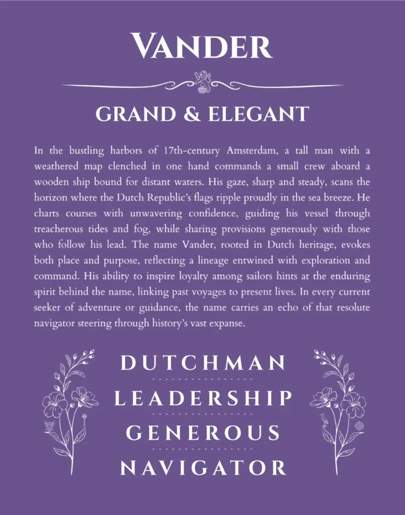 Vander personalized name art with origin story in purple