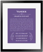 Vander personalized name art with origin story in purple with black matte frame