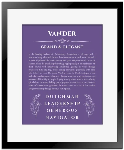 Vander personalized name art with origin story in purple with black matte frame