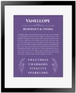 Vanellope name meaning wall art by Get Your Story in purple with black matte frame