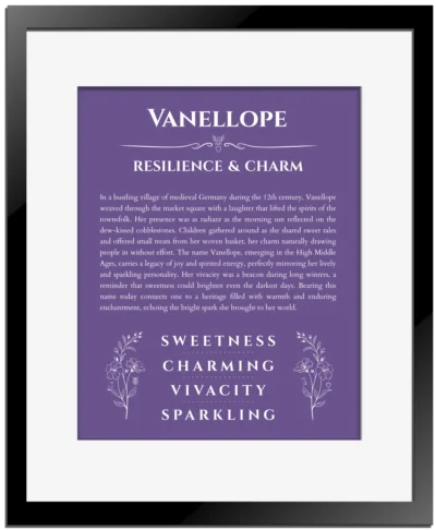 Vanellope name meaning wall art by Get Your Story in purple with black matte frame