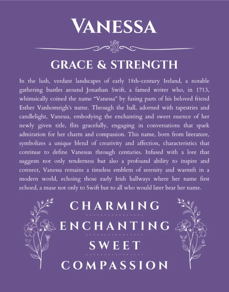 Vanessa name origin print with meaning and traits in purple