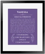 Vanessa name origin print with meaning and traits in purple with black matte frame