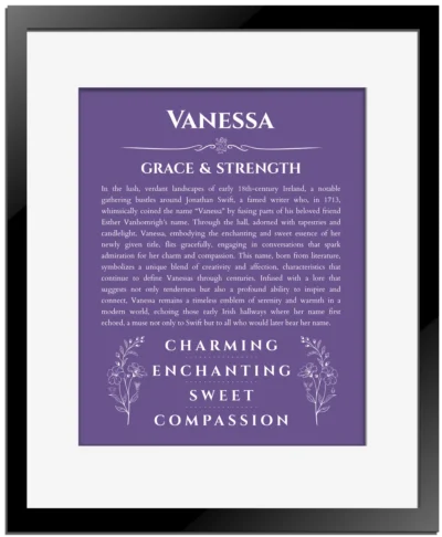 Vanessa name origin print with meaning and traits in purple with black matte frame
