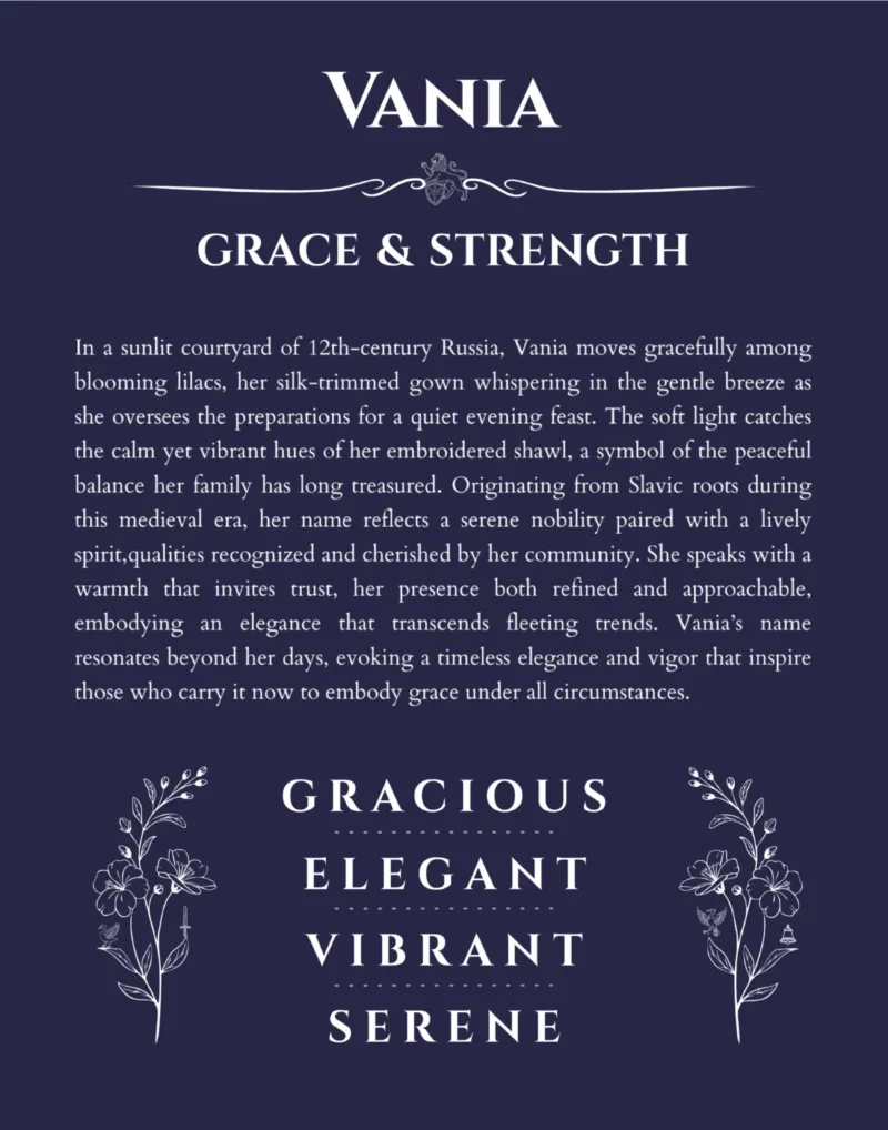 Vania personalized name print with origin and traits in navy blue