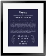 Vania personalized name print with origin and traits in navy blue with black matte frame