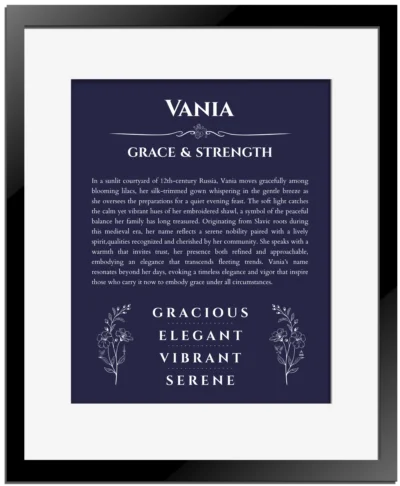 Vania personalized name print with origin and traits in navy blue with black matte frame