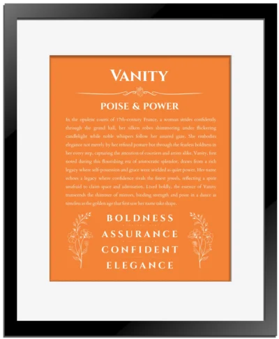 Vanity personalized name meaning print in orange with black matte frame