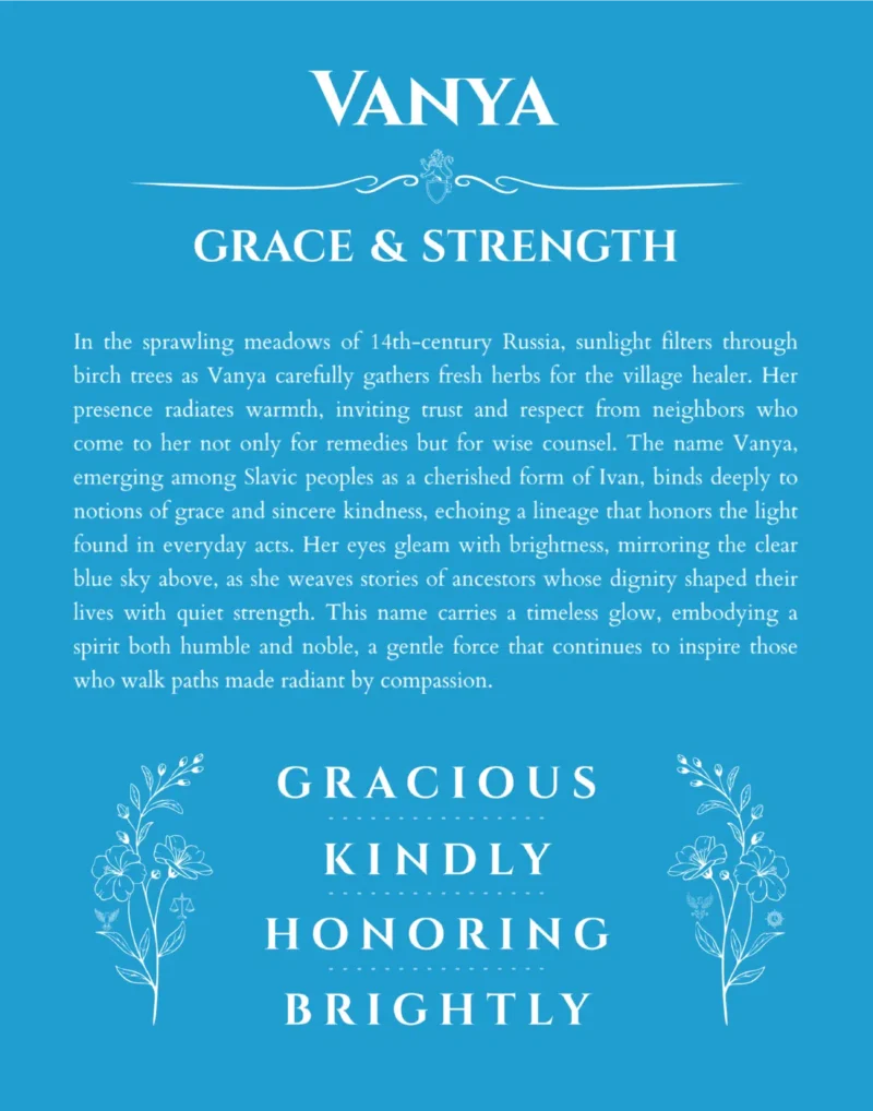 Vanya name origin print with meaning and traits in blue