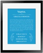Vanya name origin print with meaning and traits in blue with black matte frame
