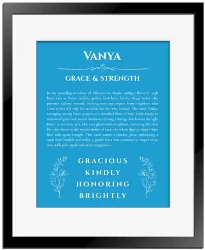 Vanya name origin print with meaning and traits in blue with black matte frame