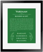 Vardaan custom name print for wall display in dark green with black matte frame